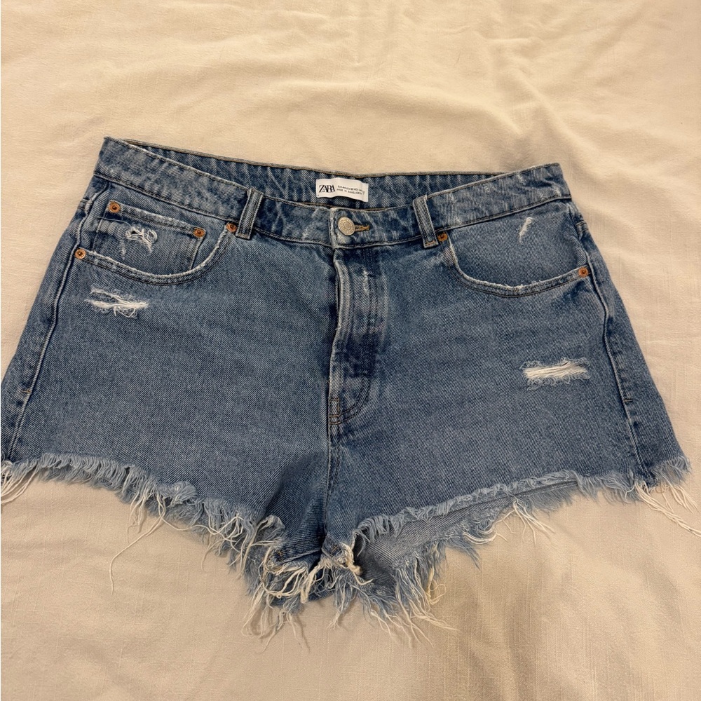 Zara Blue Jean Shorts with Distressed Hem